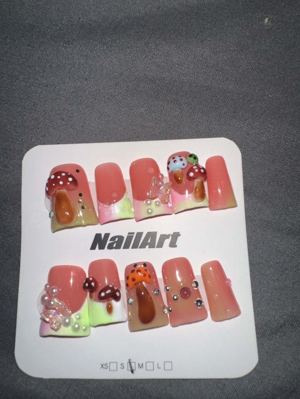 NAILA Pink Coral Ombre Press-On Nails with Mushroom Art & Pearls